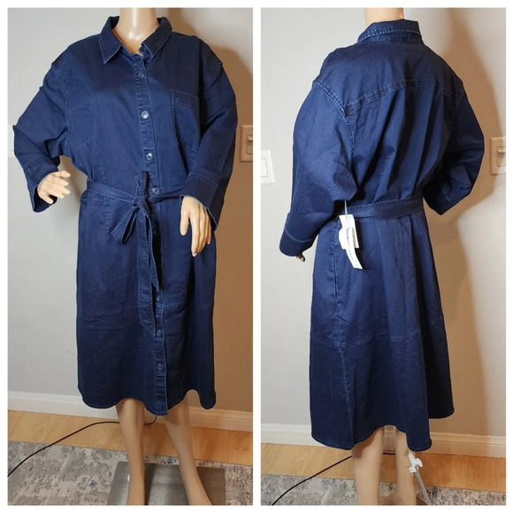 NWT Liz Claiborne Stretch Denim Button Front Belted Midi Dress Size 20W - Picture 14 of 16